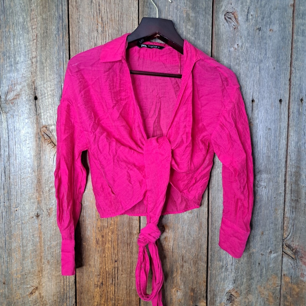 Barbiecore Beach Chic Y2k Aesthetic Zara Hot Pink Tie Front Crop Top Wrap Medium